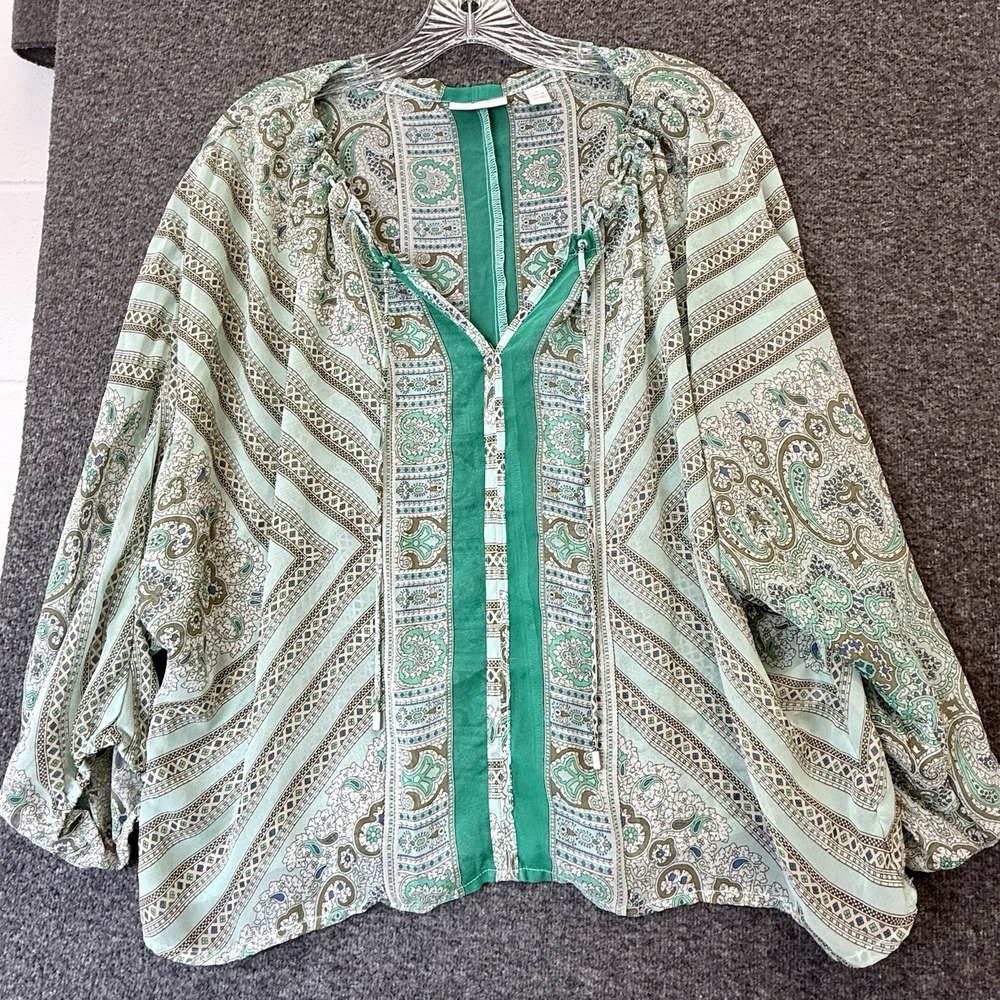 NY And Co Lightweight Sheer Boho Peasant Top Green Blue Paisley Print Sz Medium